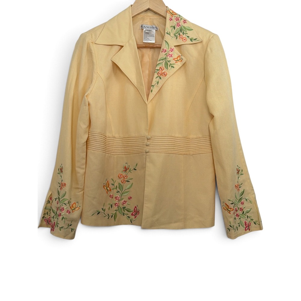 Plaza South Vintage Yellow Linen Blend Embroidered Butterfly Floral Blazer M/L